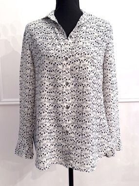 J.Crew 100% Silk Key Print Blouse Size 0 White Black Novelty Long Sleeve Top